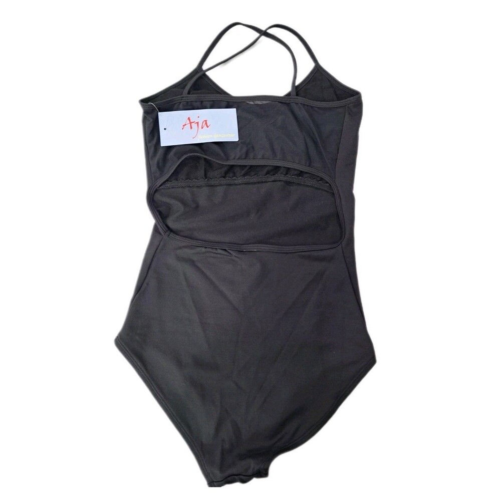 Aja VTG Open Back Cutout Crossback Strappy Tank Leotard Black Mesh Panel Size S - Picture 11 of 16